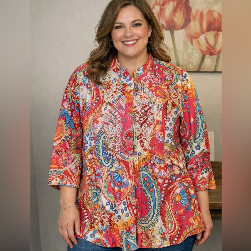 Bleu Bayou Embellished Paisley Button Up Top | Size 1X